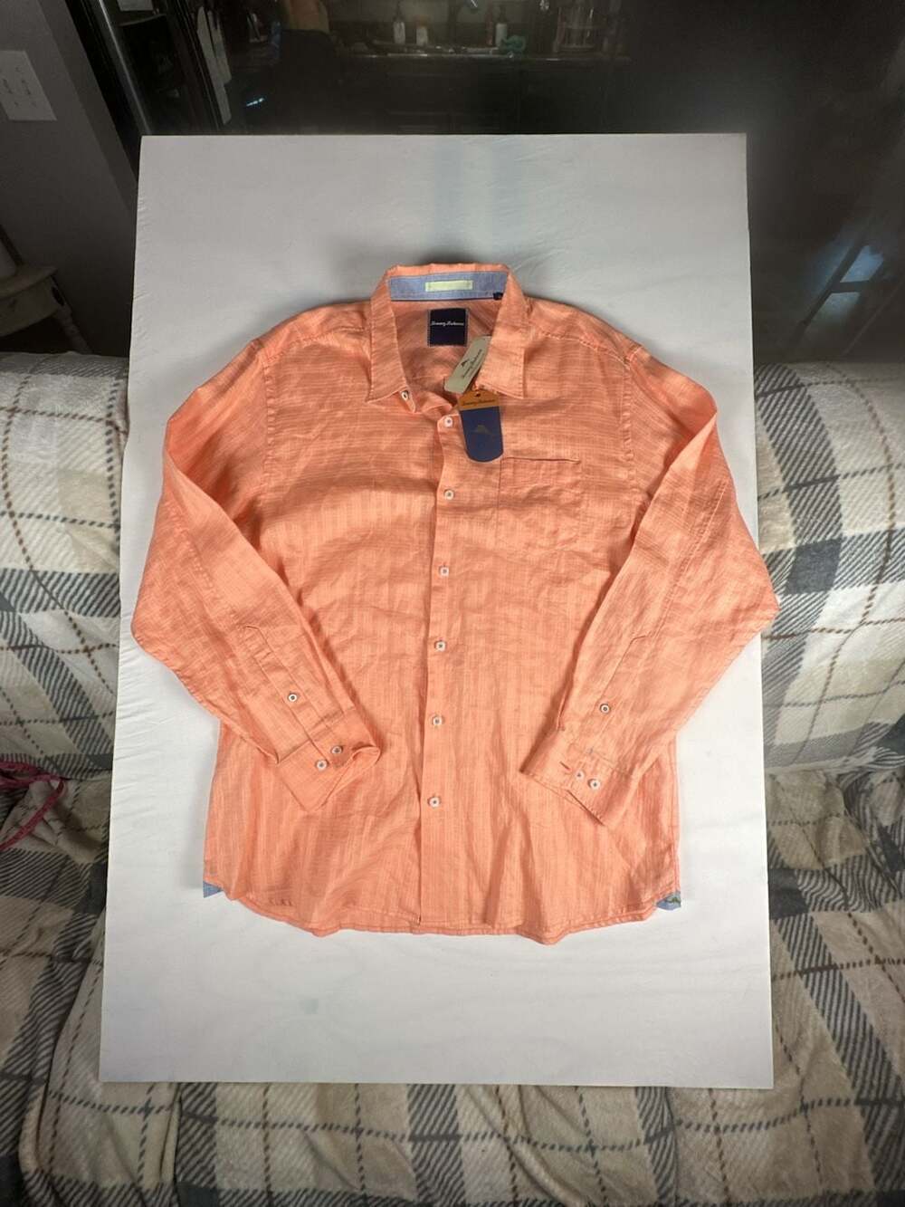 Tommy Bahama Sydney Squares Bright Peach Long Sleeve Linen Shirt NWT #1087